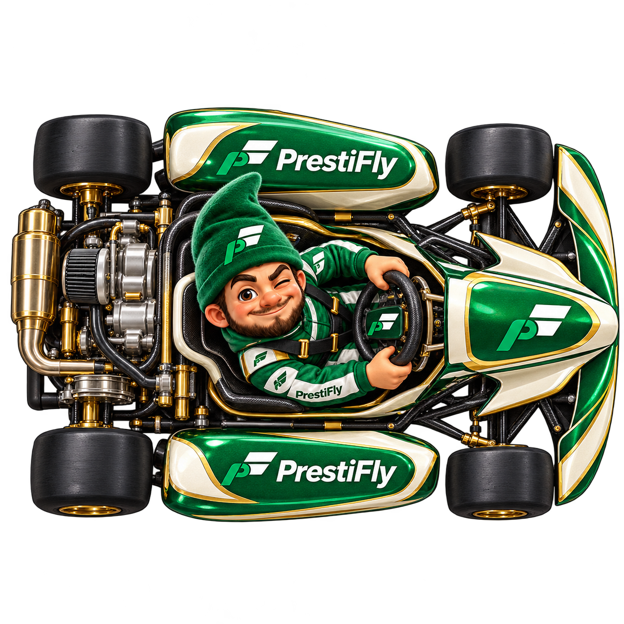 Kart ufficiale PrestiFly, carrozzeria verde e marchio sulle fiancate